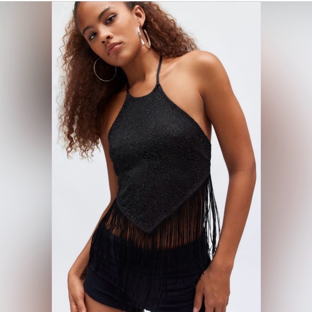 Urban Outfitters Ecote Black Sparkle Halter Top with Fringe